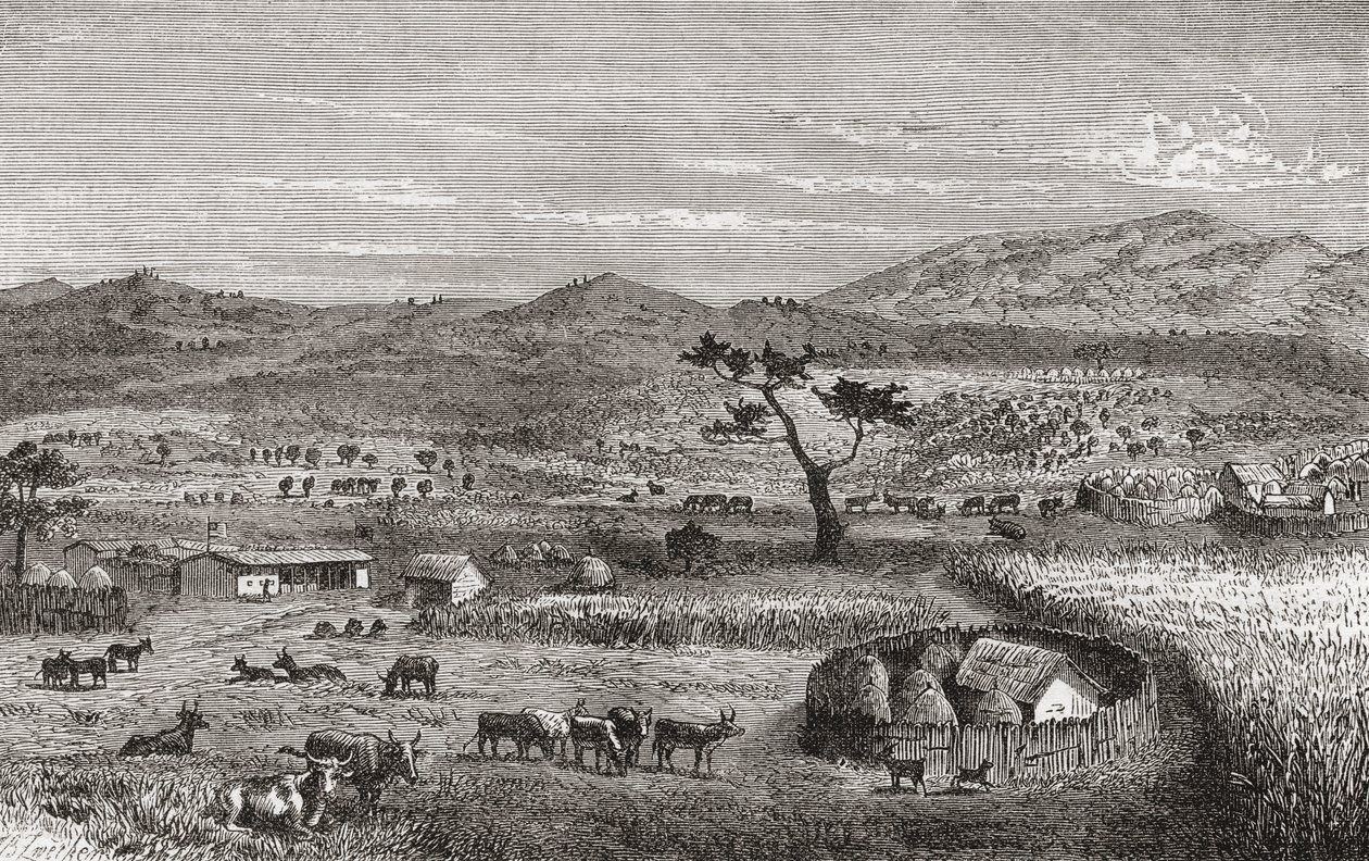 Siirtokunta Kouiharassa, Länsi-Afrikassa, kuvitus teoksesta "The World in the Hands", julkaistu 1878 tekijältä German School