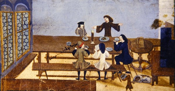 Tavernan sisätila, jossa hahmot juovat, n. 1690 (guassi paperilla) tekijältä German School