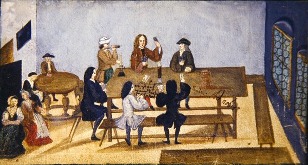 Tavernan sisätila, jossa hahmoja pelaavat korttia, n. 1690 (guassi paperille) tekijältä German School