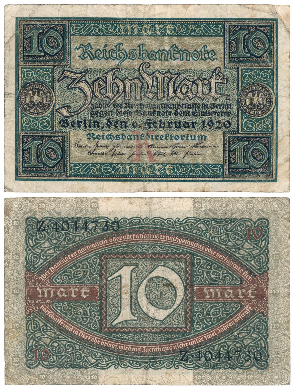 Kymmenen markan seteli, 1920 (recto ja verso) tekijältä German School
