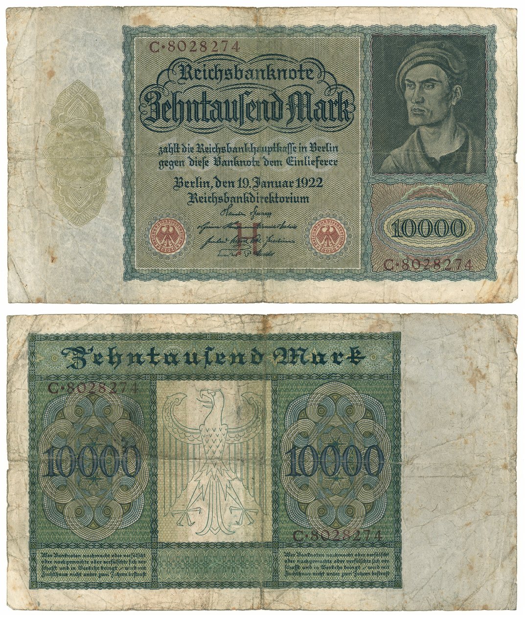 Kymmenentuhannen markan seteli, 1922 (recto ja verso) tekijältä German School