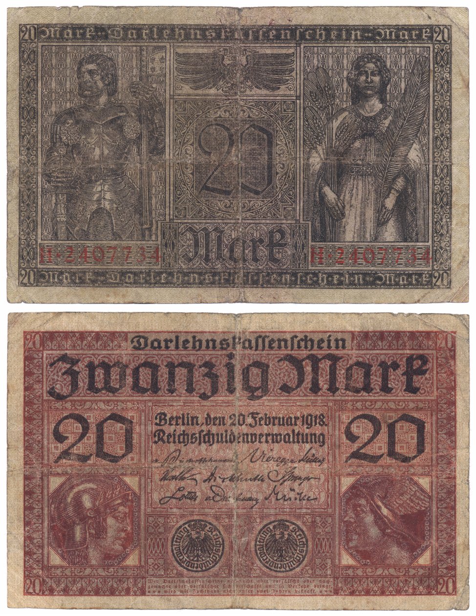 Kahdenkymmenen markan seteli, 1918 (recto ja verso) tekijältä German School