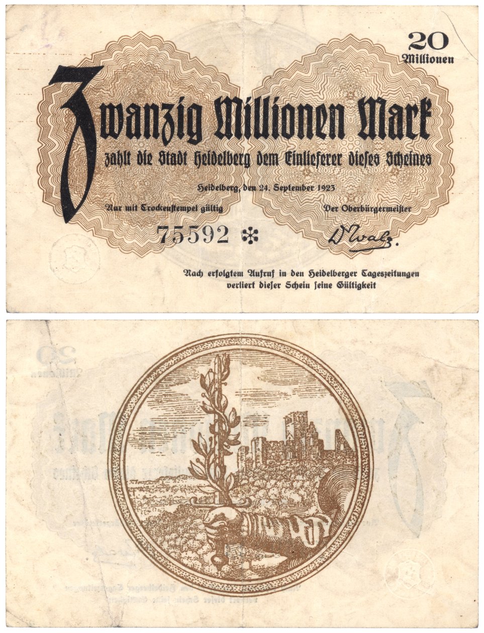 Kahdenkymmenen miljoonan markan seteli, 1923 (recto ja verso) tekijältä German School
