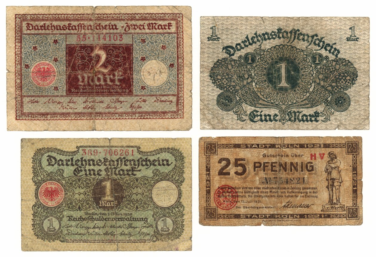 Kahden markan seteli, kaksi yhden markan seteliä ja kaksikymmentäviisi pfennigin seteli, 1920-21 tekijältä German School