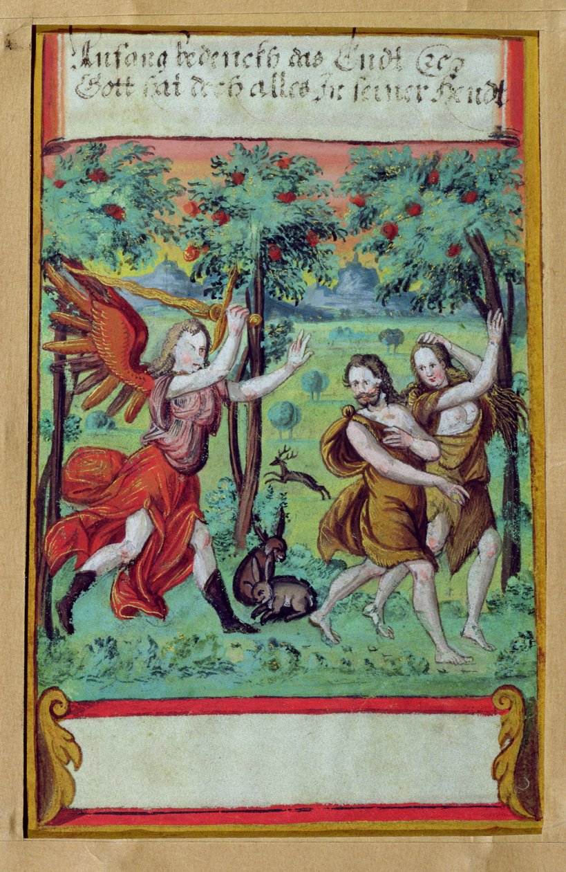 Aadam ja Eeva karkotettiin Eedenin puutarhasta, n. 1640 (guassi vellum) tekijältä German School