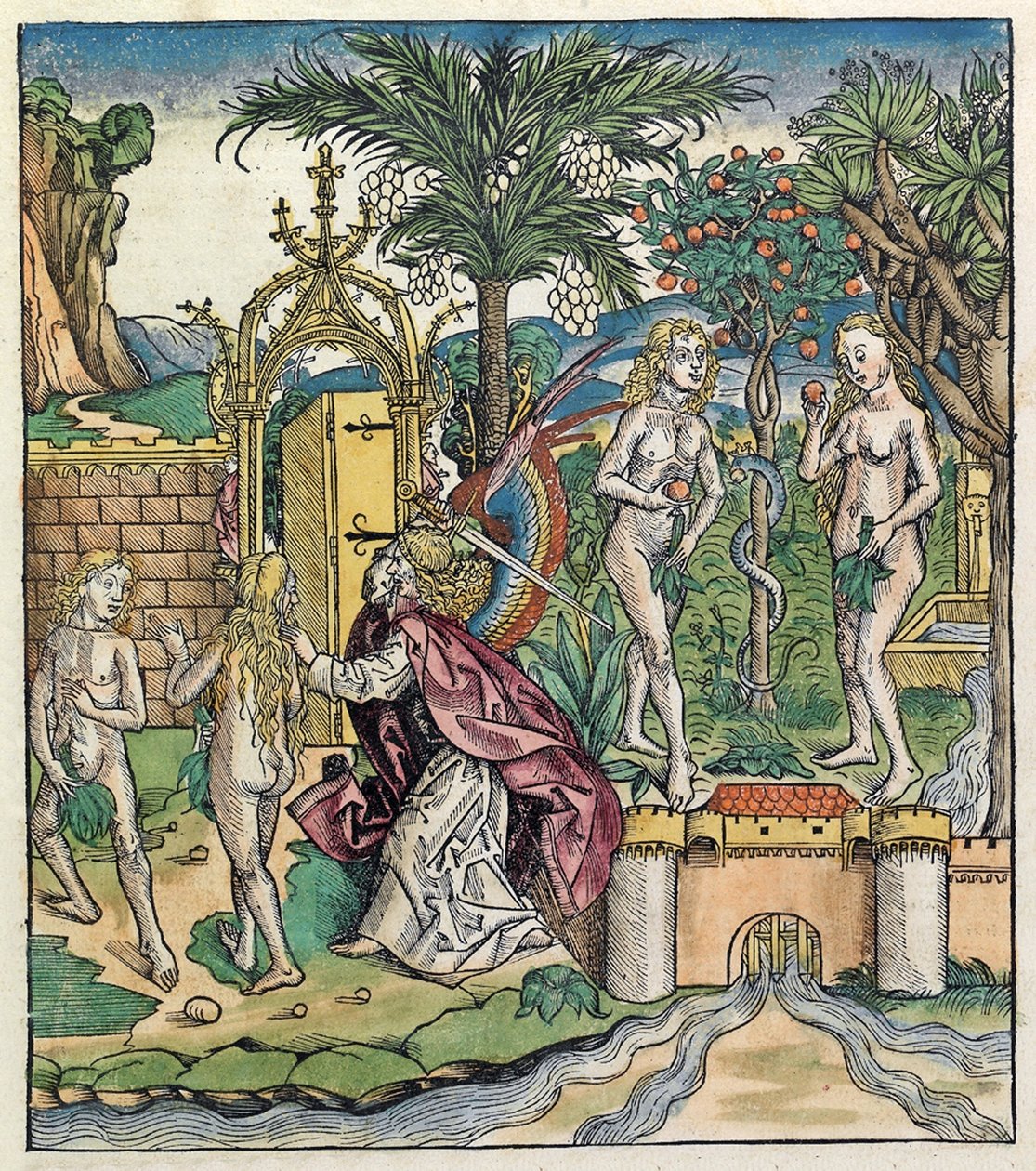 Aadamin ja Eevan karkottaminen Eedenistä, julkaistu Nürnberg Chroniclessa, 1493 tekijältä German School