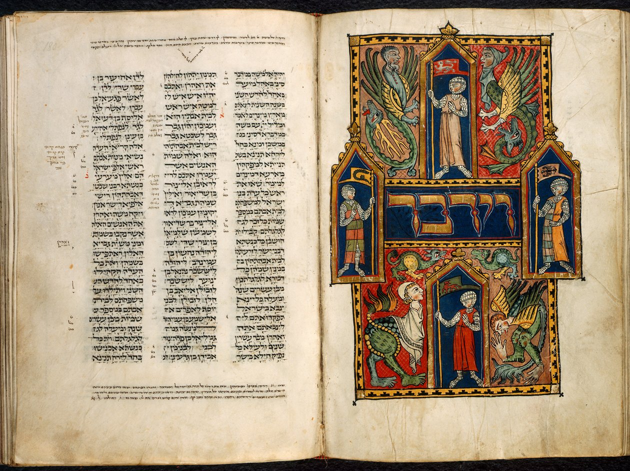 Lisätä. 15282 fol.179v-180 Koristeltu Numeroiden kirjan ensimmäinen sana, "Sussexin herttua saksalaiselta Pentateuchilta", n. 1300 (vellum) tekijältä German School