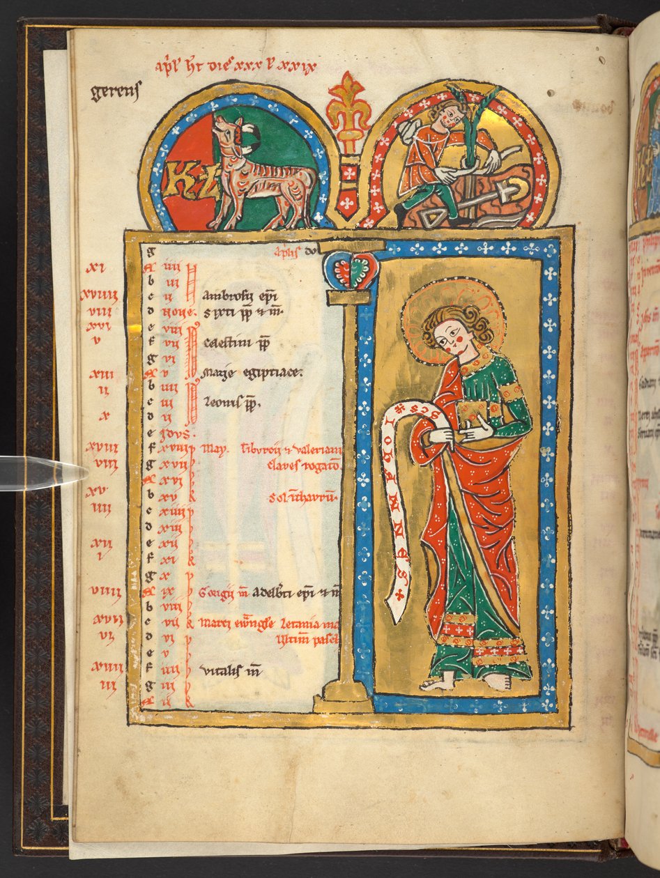 Lisätä. 60629, f.2v huhtikuu, osa 12 kalenterisivua kullanvärisinä ja värein, arkkitehtonisilla kehyksillä jokaisessa horoskooppimerkki, apostoli ja kuukauden työ (vellum) tekijältä German School