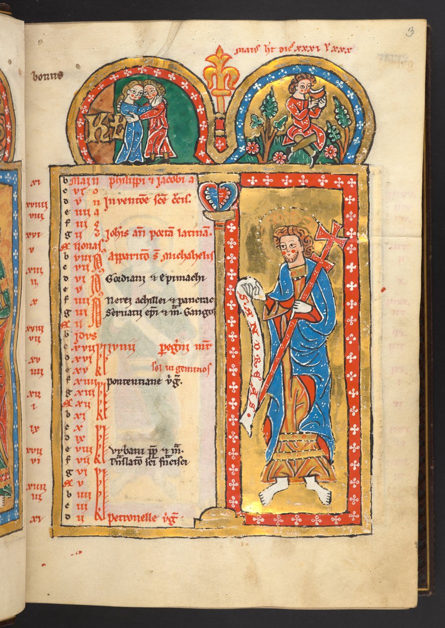 Lisätä. 60629, f.3.5., alkaen 12 kalenterisivua kullanvärisinä ja värein, arkkitehtonisilla kehyksillä jokaisessa horoskooppimerkki, apostoli ja kuukauden työntekijä (vellum) tekijältä German School