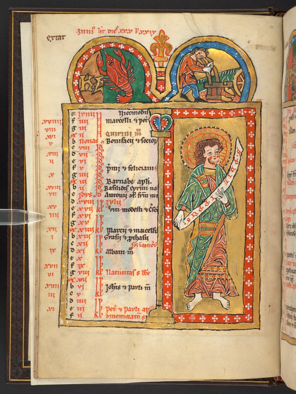 Lisätä. 60629, f.3v kesäkuu, alkaen 12 kalenterisivua kullanvärisinä ja värein, arkkitehtonisilla kehyksillä jokaisessa horoskooppimerkki, apostoli ja kuukauden työ (vellum) tekijältä German School