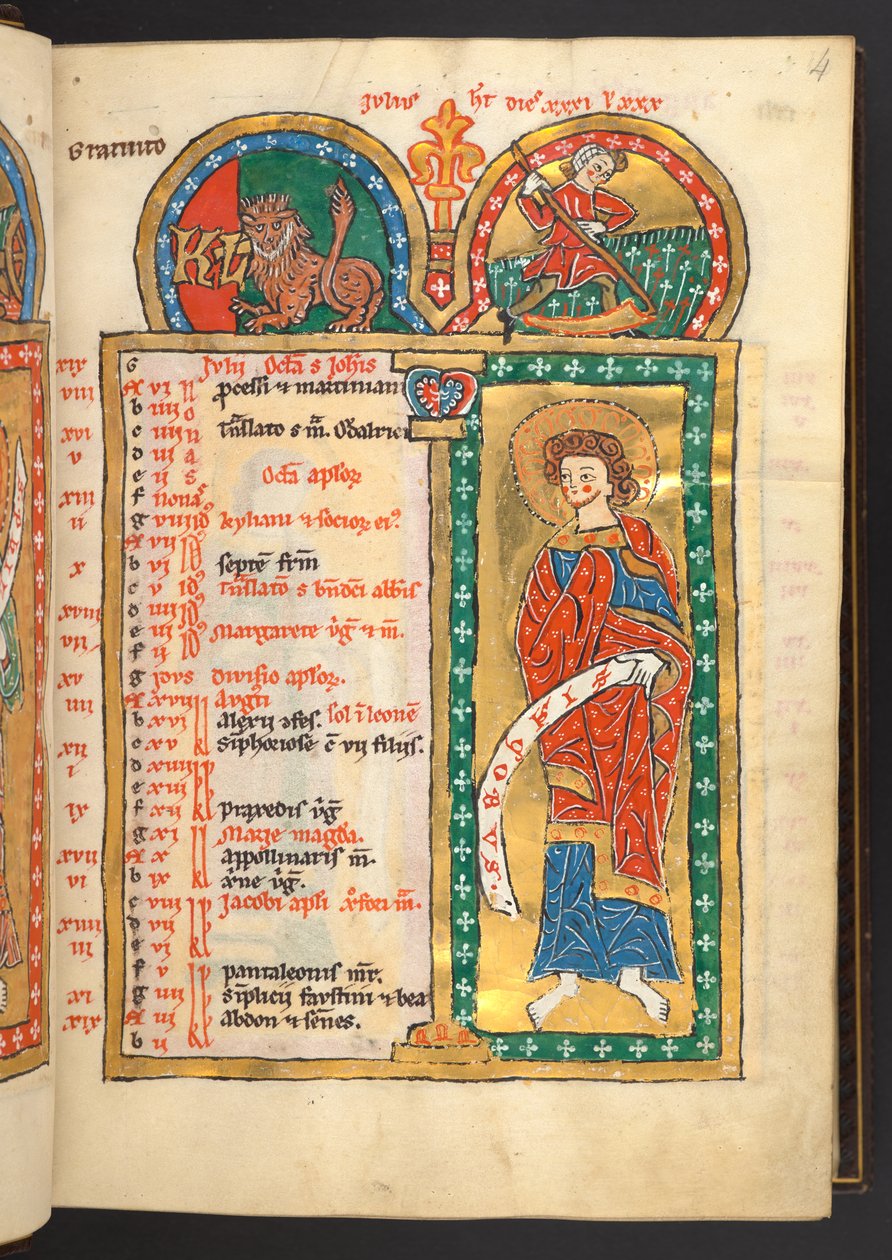 Lisätä. 60629, f.4 Heinäkuu. 12 kalenterisivua kullalla ja väreillä, arkkitehtonisilla kehyksillä jokaisessa horoskooppimerkki, apostoli ja kuukauden työ.  Psalteri. Valaistu psalteri kalenterilla, lauluilla ja litanialla nunnille, . tekijältä German School