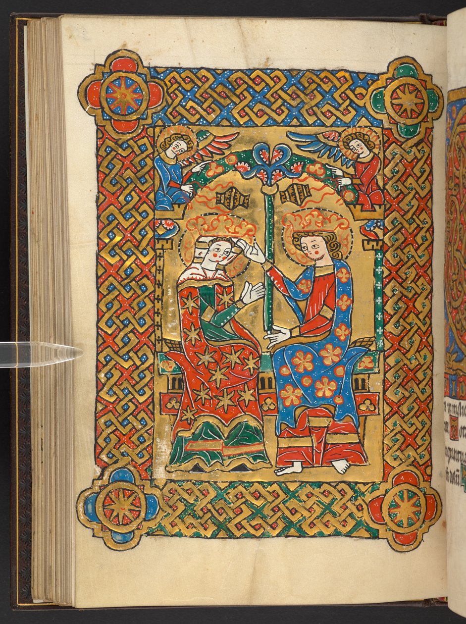 Lisätä. 60629, f.56v Neitsyen kruunaus, suitsutusenkeleillä (vellum) tekijältä German School