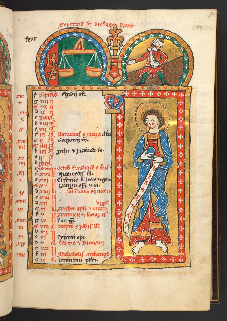 Lisätä. 60629, f.5 Syyskuu. 12 kalenterisivua kullalla ja väreillä, arkkitehtonisilla kehyksillä jokaisessa horoskooppimerkki, apostoli ja kuukauden työ.  Psalteri. Valaistu psalteri kalenterilla, lauluilla ja litanialla nu:n käyttöön tekijältä German School