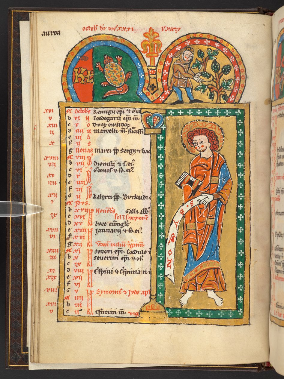 Lisätä. 60629, f.5v Lokakuu. 12 kalenterisivua kullalla ja väreillä, arkkitehtonisilla kehyksillä jokaisessa horoskooppimerkki, apostoli ja kuukauden työ.  Psalteri. Valaistu psalteri kalenterilla, lauluilla ja litanialla nunnalle tekijältä German School