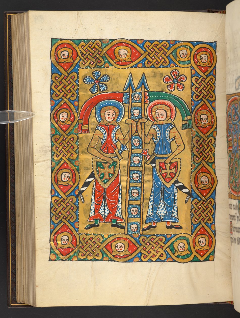 Lisätä. 60629, f.84v Kaksi sotilaspyhimystä toisten pään kanssa (vellum) tekijältä German School