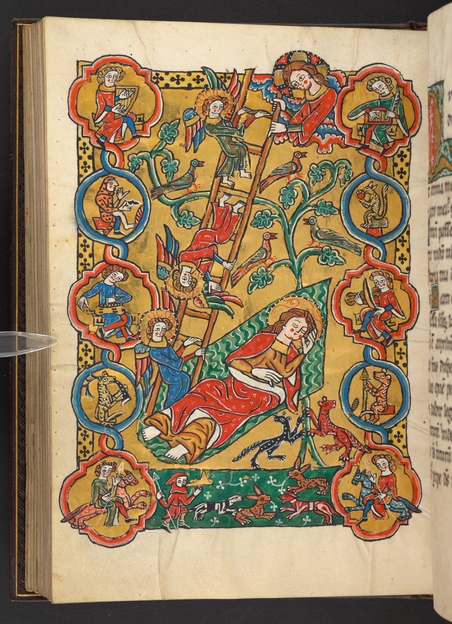 Lisätä. 60629, f.87v Jaakobin tikkaat, jossa elämänpuu ja muusikot, eläimet, jalkojaan lämmittävä mies ja metsästyskohtaus (vellum) tekijältä German School