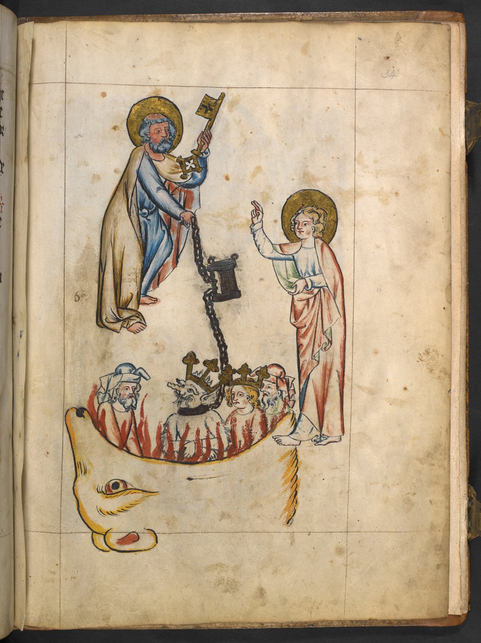 Lisää MS 15243 f.34r Angel pitelee pohjattoman kuopan avainta, kuva Apocalypsesta, n. 1350-70 (muste ja väri pergamentilla) tekijältä German School