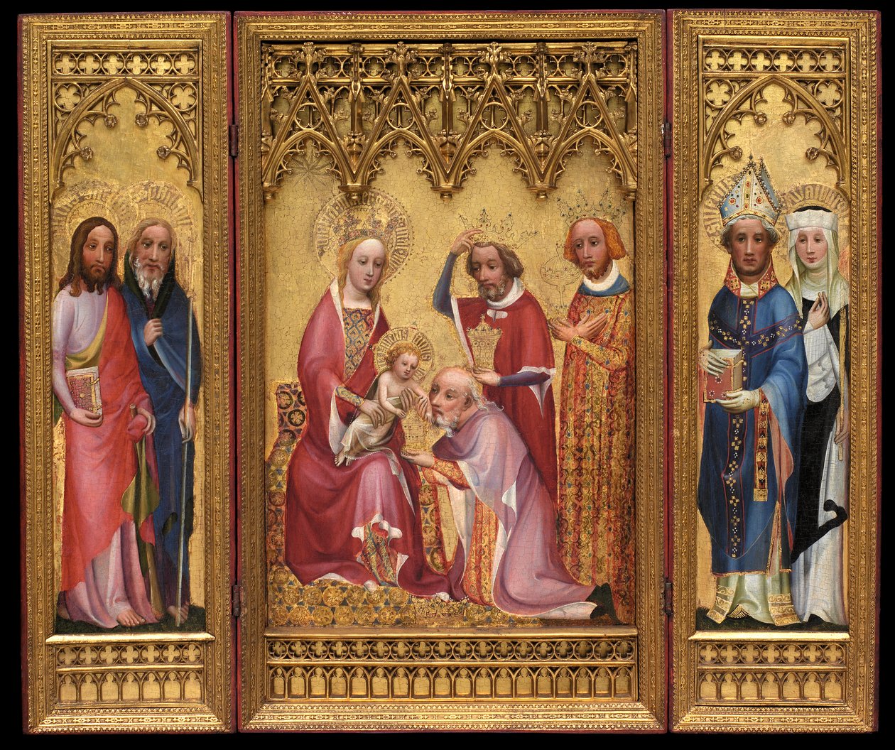 Adoration of the Magi, St. Severus ja St. Walburga, St. James and St. Philip, n. 1410 (öljy & kultaus tammipaneelissa) tekijältä German School