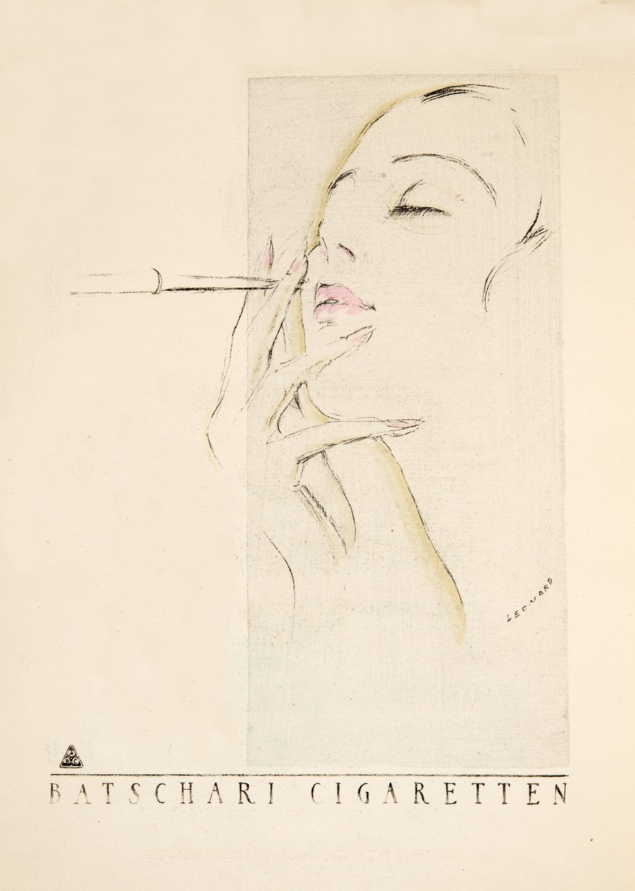 Batschari Cigarettenin mainos, julkaisusta Styl, pub.1922 (pokkaripainatus). tekijältä German School
