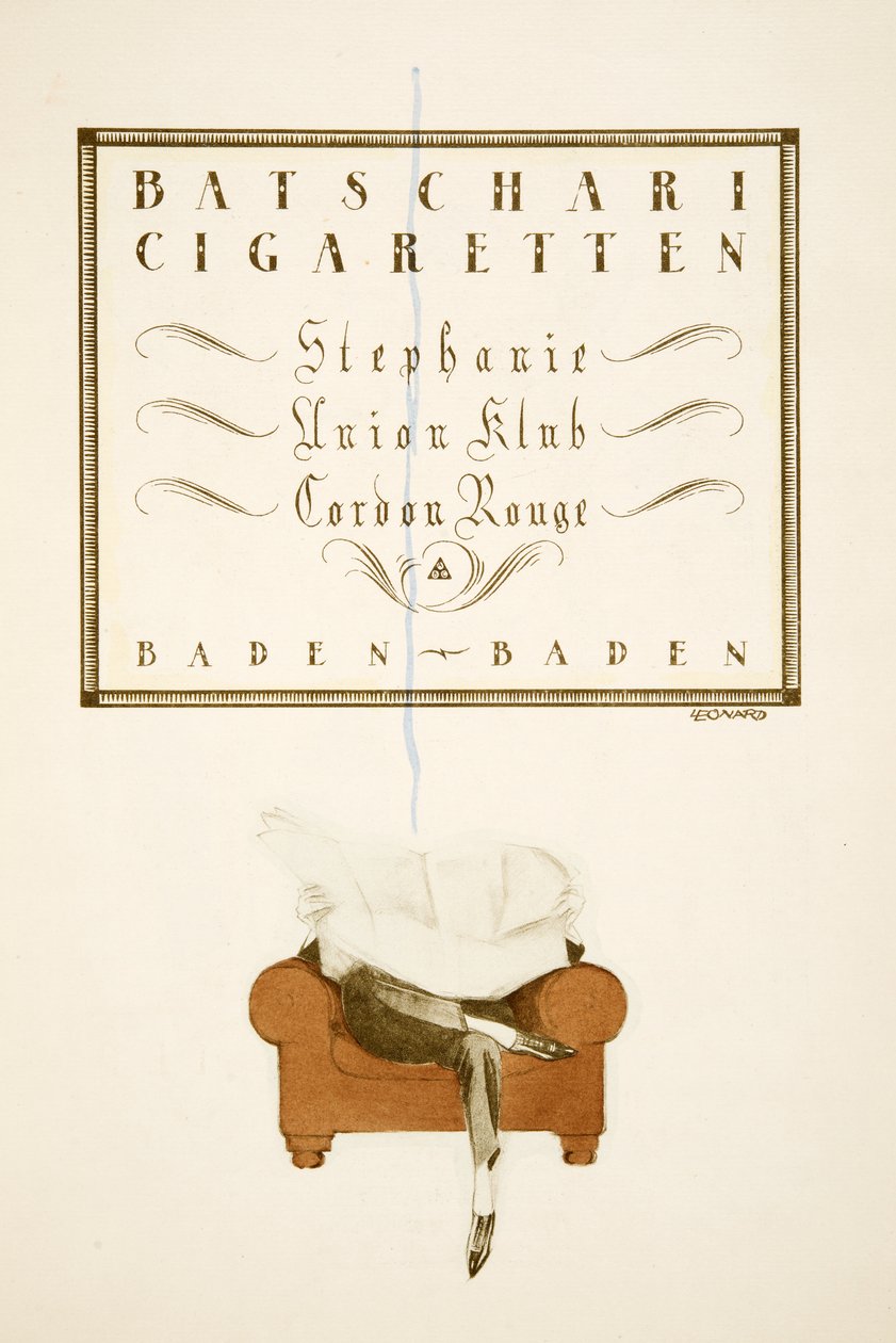 Batschari Cigarettenin mainos, julkaisusta Styl, pub.1922 (pokkaripainatus). tekijältä German School