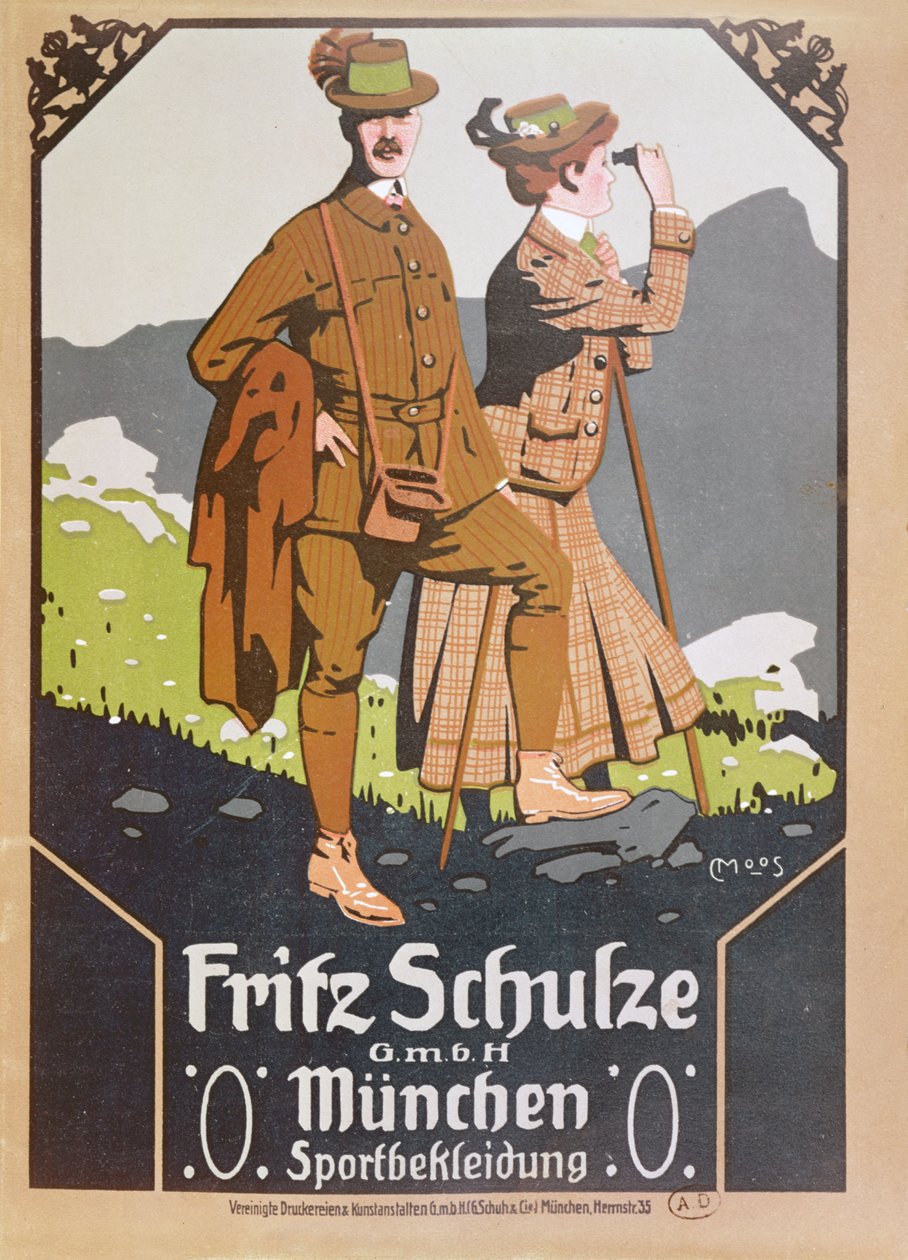 Mainos Fritz Schulzen kävelyvaatteista, n. 1910 tekijältä German School