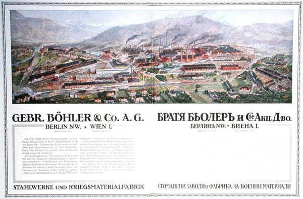 Mainos itävaltalaisen Gebr.Boehler & Co:n terästehtaasta ja asetehtaan bulgarialaisesta almanakista, n. 1916 (värilitho) tekijältä German School