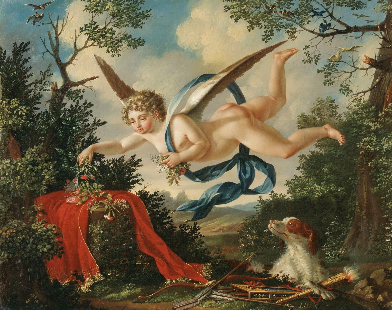 Rakkauden allegorioita - Amor kokoamassa kukkia maisemassa, 1803 tekijältä German School