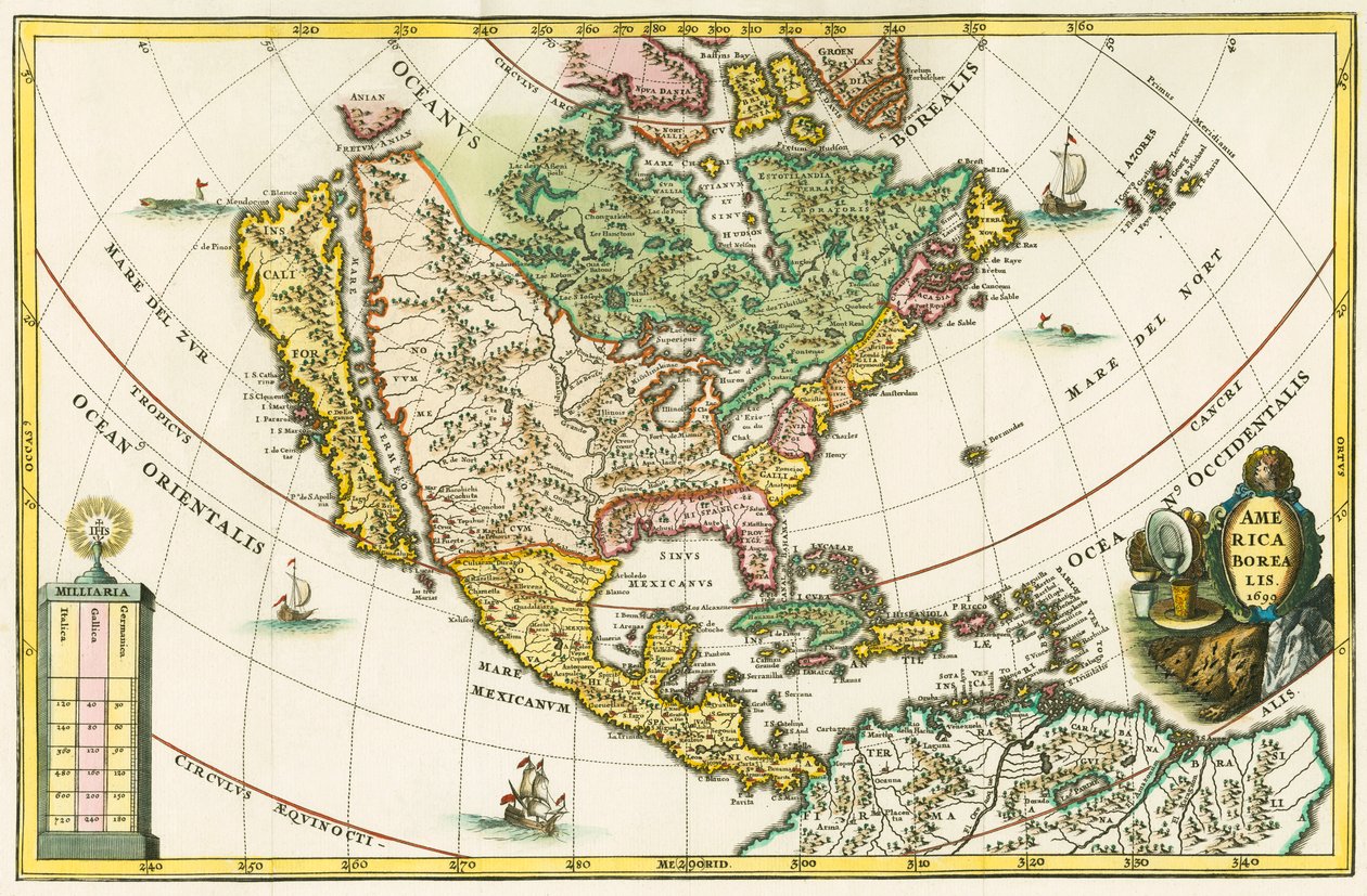 America borealis. Pohjois-Amerikan kartta, jossa Kalifornia on saarena, Heinrich Schererin teoksesta Geographia hierarchica. tekijältä German School