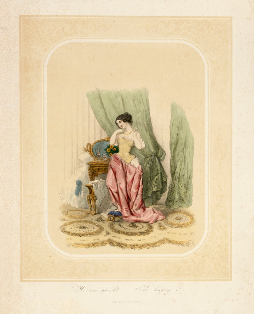 Tyylikäs nainen peilipöytänsä ääressä, painatus F. Sala & Co, Berliini, n. 1850 tekijältä German School