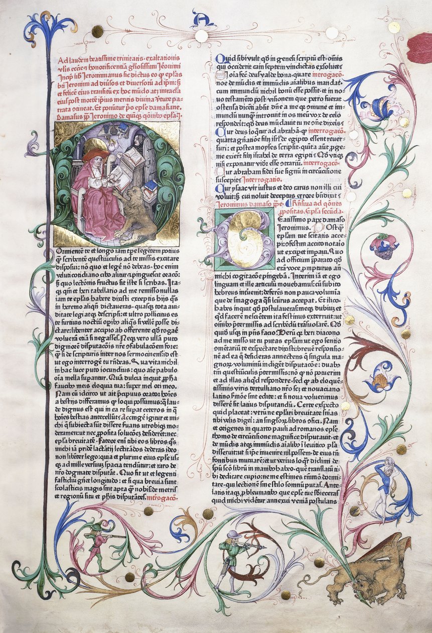 Valaistu sivu, joka kuvaa St. Jeromea hänen työhuoneessaan, ja reunus, jossa on griffin, jonka kimppuun kolme miestä hyökkäsi, 1470 tekijältä German School