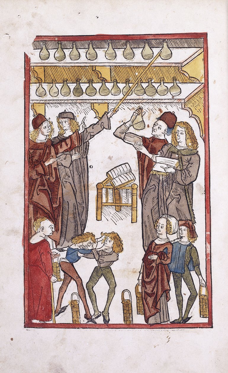 Apteekkarit ja juomat, kaksi poikaa taistelevat etualalla, 1491 tekijältä German School