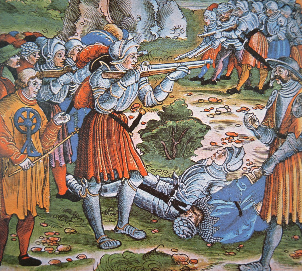 Panssaroidut sotilaat ampuvat tulitikkulukkoa Arquebusia, 1400-luvun loppu (käsinvärinen puupiirros) tekijältä German School