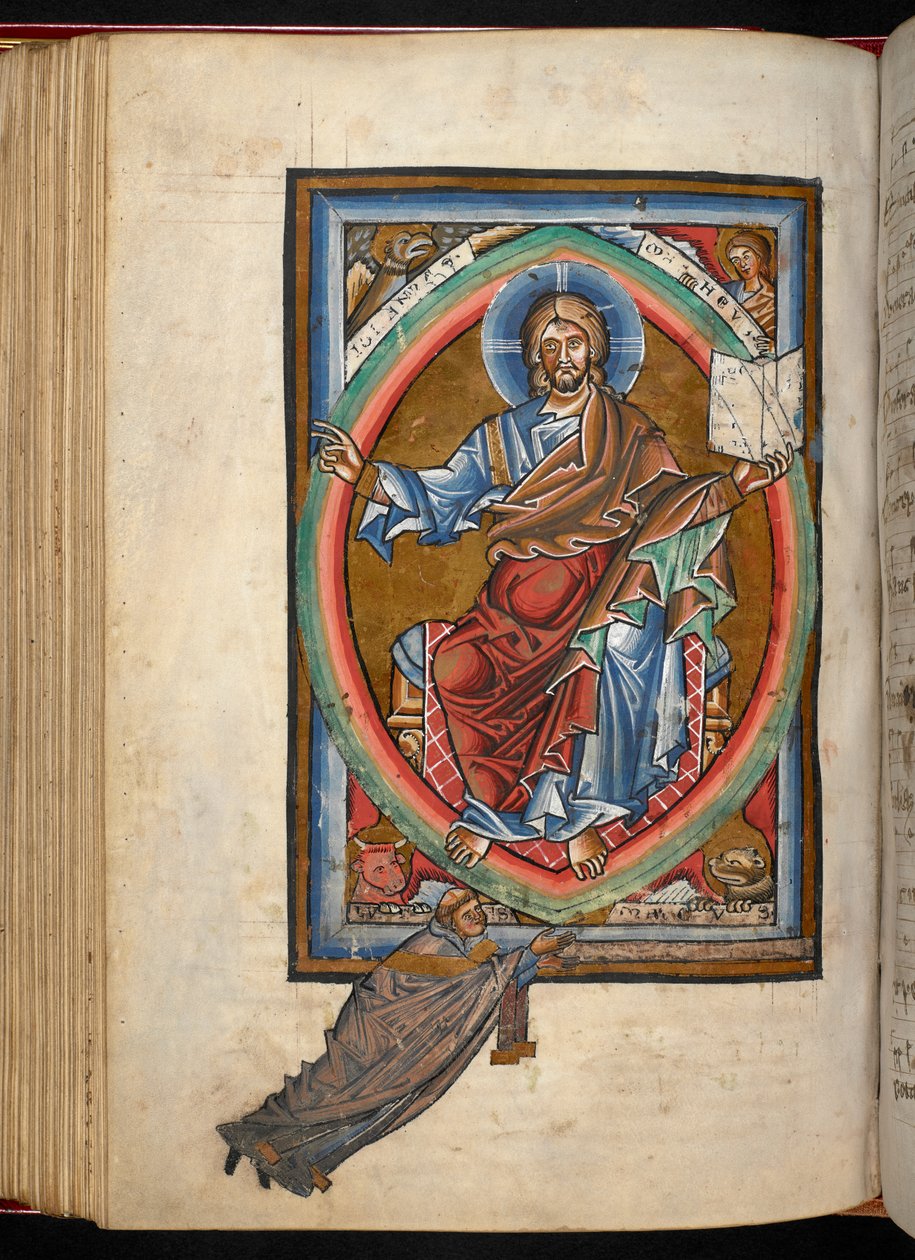 Arundel 156, f.99v, Kristus istuu valtaistuimella majesteettisuudessa mandorlassa, jota ympäröivät neljä evankelistien symbolia, 
