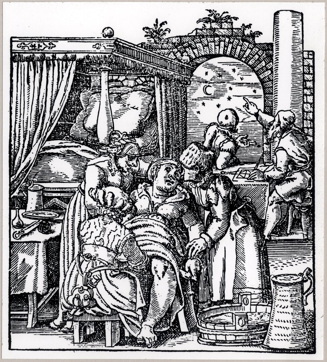 Astrologit laativat horoskoopin synnytystuolissa istuvan naisen syntyvälle lapselle, Jacob Rueffin teoksesta De Conceptu et Generatione Hominis, julkaistu Frankfurtissa, 1587 tekijältä German School