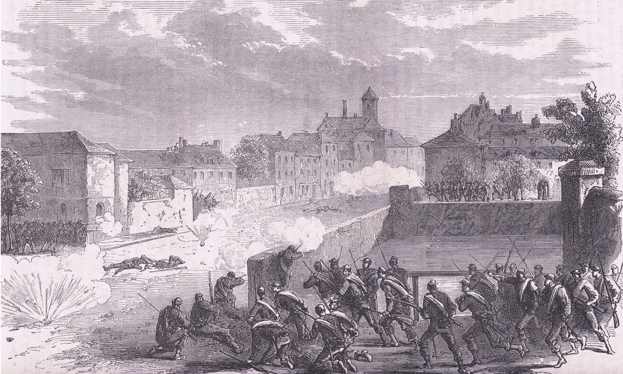 Attack on Le Bourget, Cassells, Ranskan ja Saksan välisen sodan historia, julkaisija Cassell and Company Limited, n. 1890 (litho) tekijältä German School