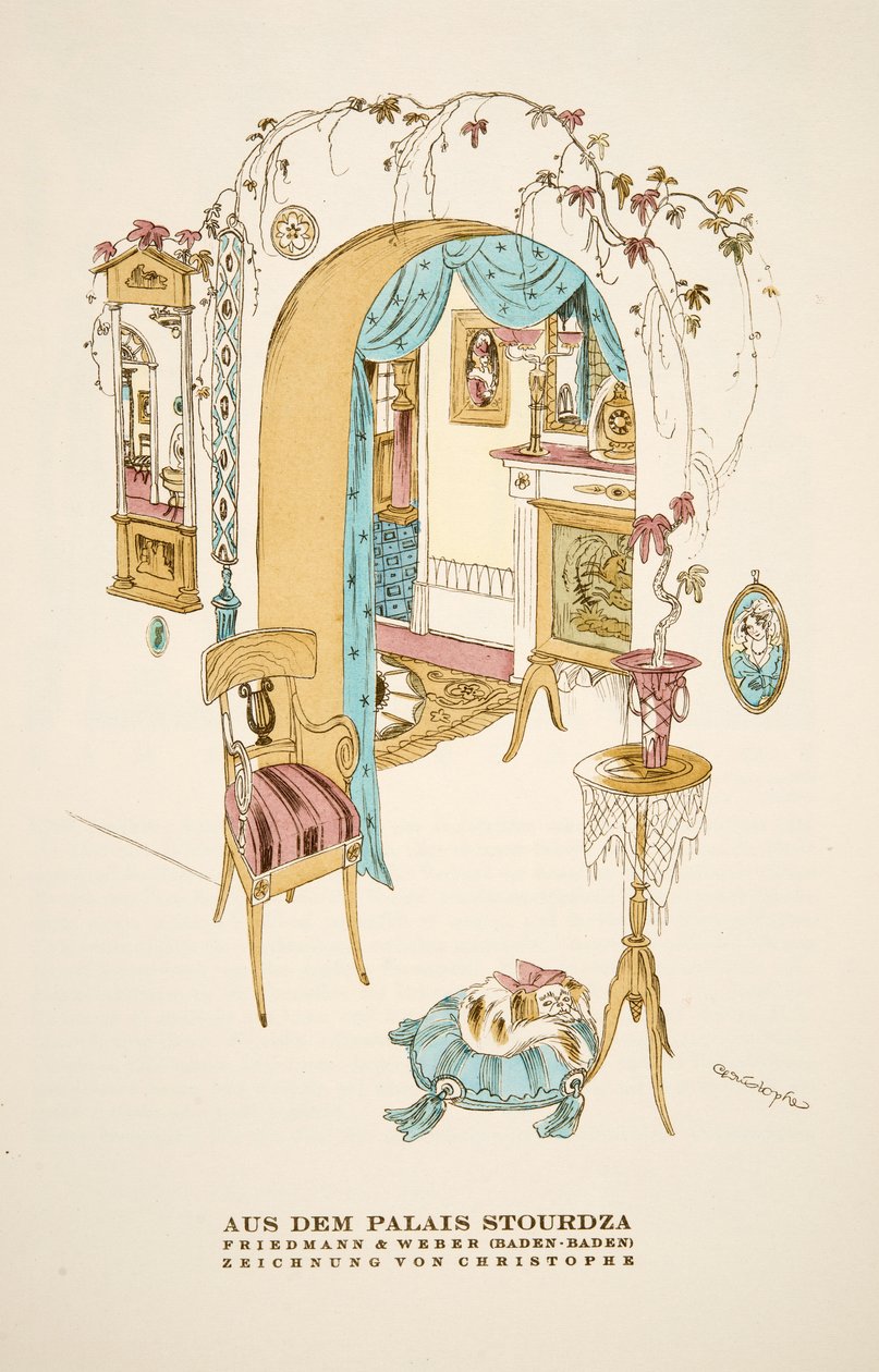 "Aus dem Palais Stourdza", Friedmann  Weberin (Baden-Baden) mainos", julkaisusta Styl, pub.1922 (pochoir-painatus). tekijältä German School