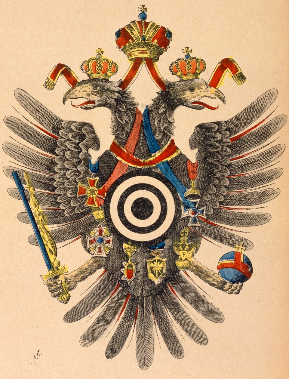 Itävalta-Unkarin keisarillinen vaakuna jousiammuntatauluna, n.1865 (värillinen puupiirros) tekijältä German School