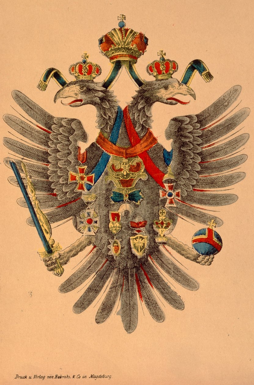 Itävalta-Unkarin keisarillinen vaakuna, julkaisija Robraki & Co., Magdeburg, n. 1865 (värillinen puupiirros) tekijältä German School