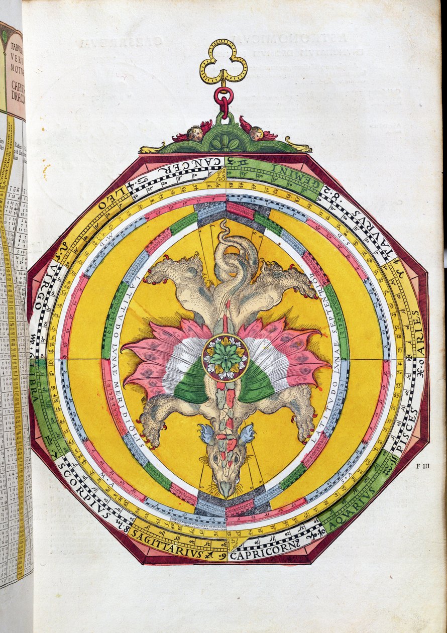 BT1.70.2 Volvelleor horoskoopilla, kuvitus Astronimicum Caesareumista Peter Apianin (Bennewitz) (1495-1552) pub. Ingolstadtissa, 1540 (värillinen puupiirros) tekijältä German School