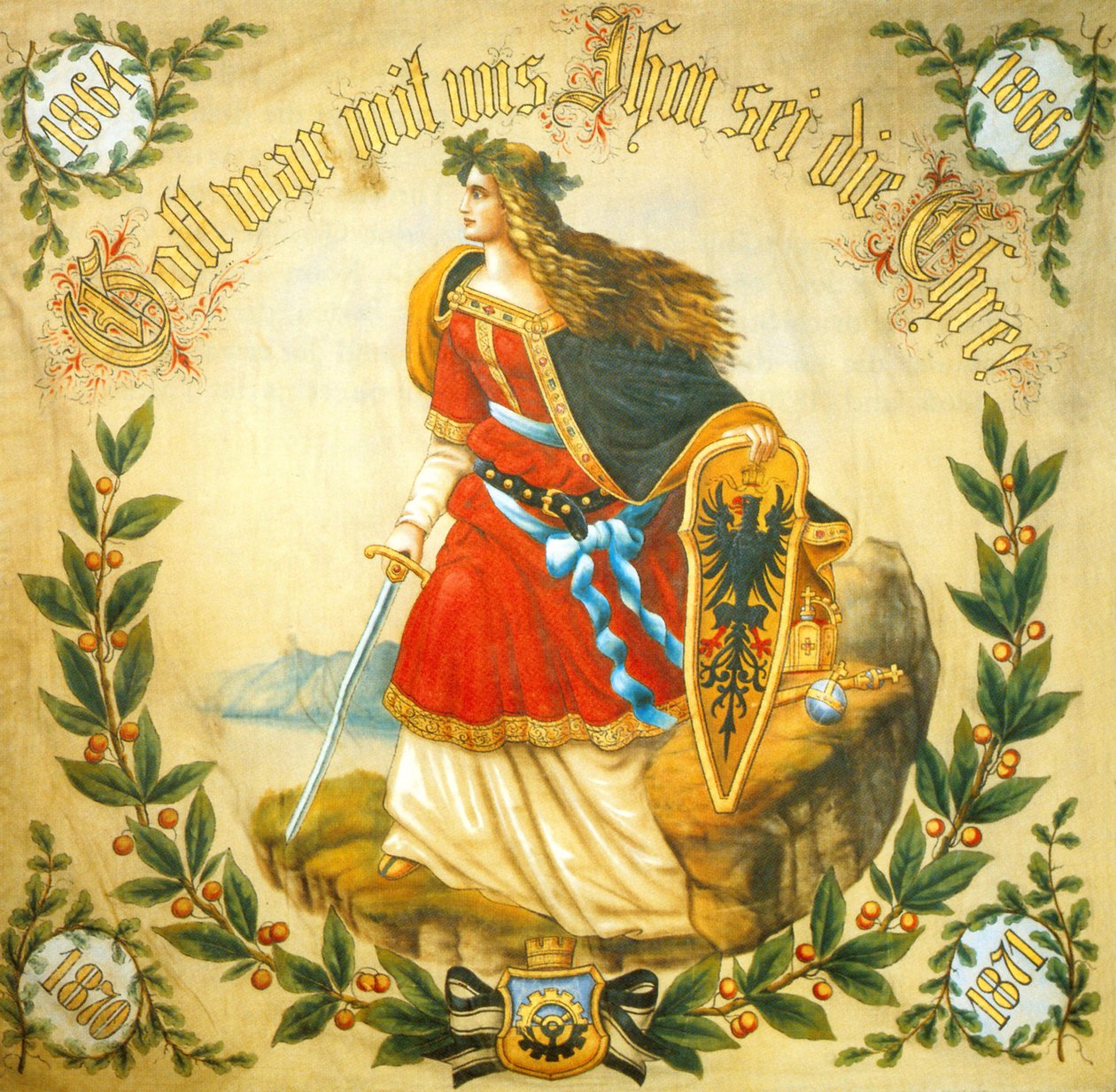 Lippu, jossa on yhdistetyn Saksan symboli Germania, noin 1918 (painokuva). tekijältä German School