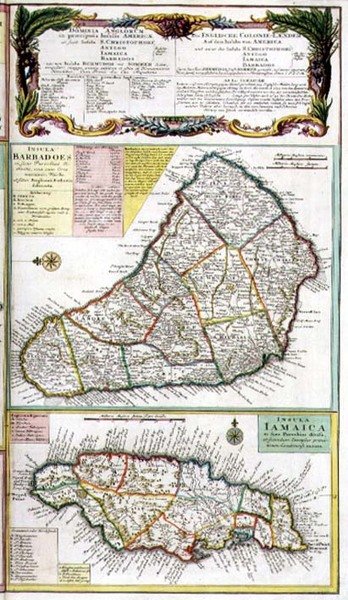 Barbados ja Jamaika, yksityiskohta Karibian Englannin siirtokuntien kartalta, pubi. kirjoittanut Homanns Heirs, Nürnberg, n. 1750 (yksityiskohta 101836) tekijältä German School