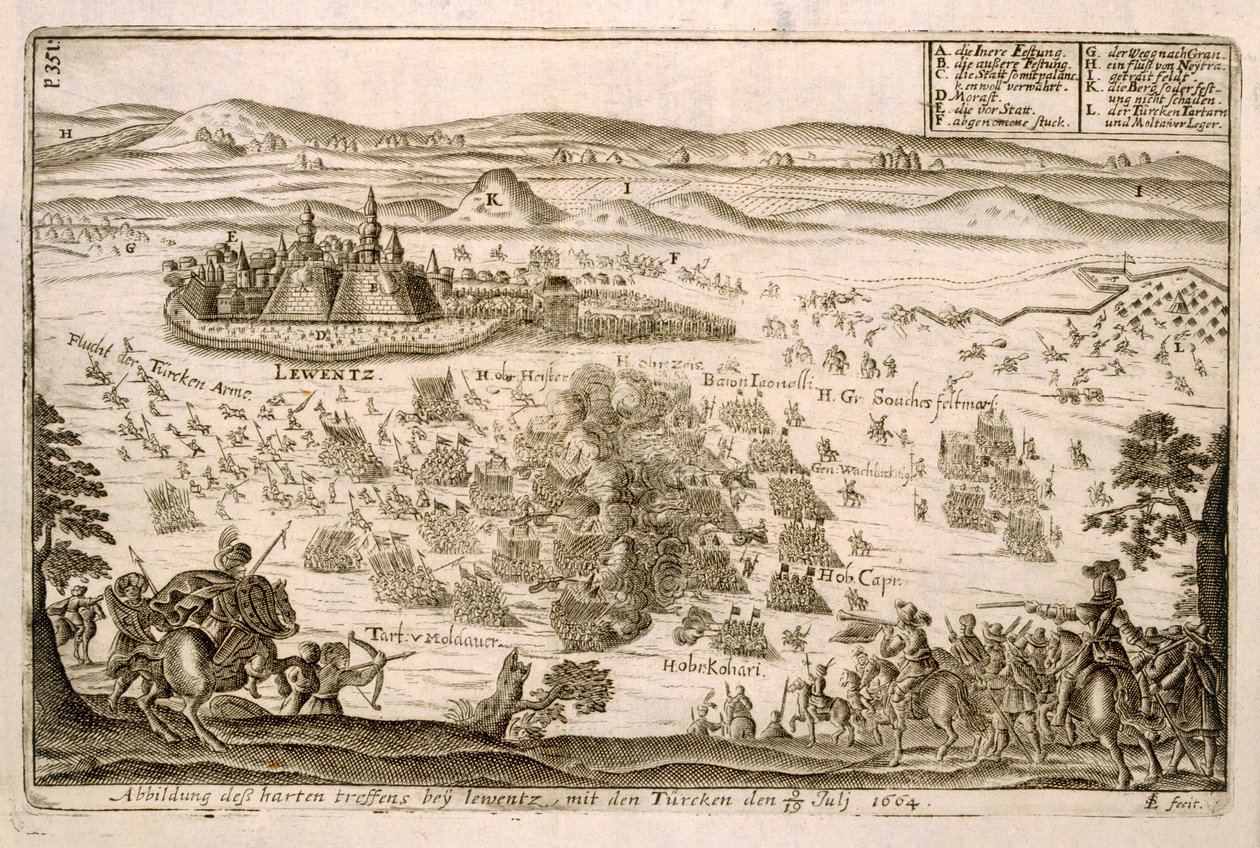 Taistelu lähellä Levicen kaupunkia vuonna 1664, Paul Furstin (n. 1605–1666) kaiverrettu kuva kirjasta ottomaanien sotatoimista Euroopassa tekijältä German School
