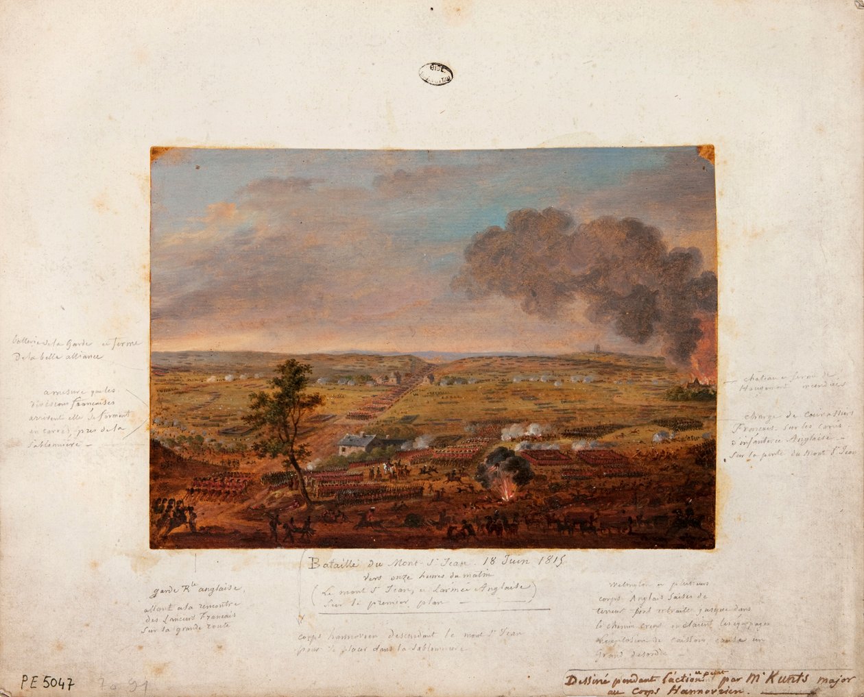 Mont-Saint-Jeanin taistelu, Hannoverin yksikön majuri Kuntsin toiminnan aikana piirtämä ja maalaama 18. kesäkuuta 1815 (lyijykynä ja guassi pahville) tekijältä German School