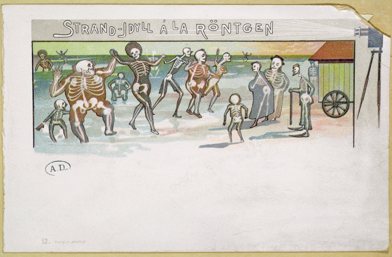 Rantaidylli Rontgen-tyyliin, sarjakuva röntgensäteistä, n.1896-99 (värikaiverrus) tekijältä German School