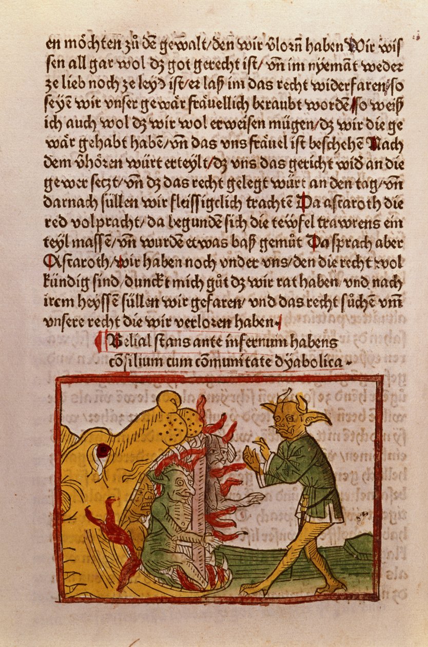 Belial helvetin portilla, kuva Das Buch Belialin saksankielisestä käännöksestä, 1473 (värillinen puupiirros) tekijältä German School