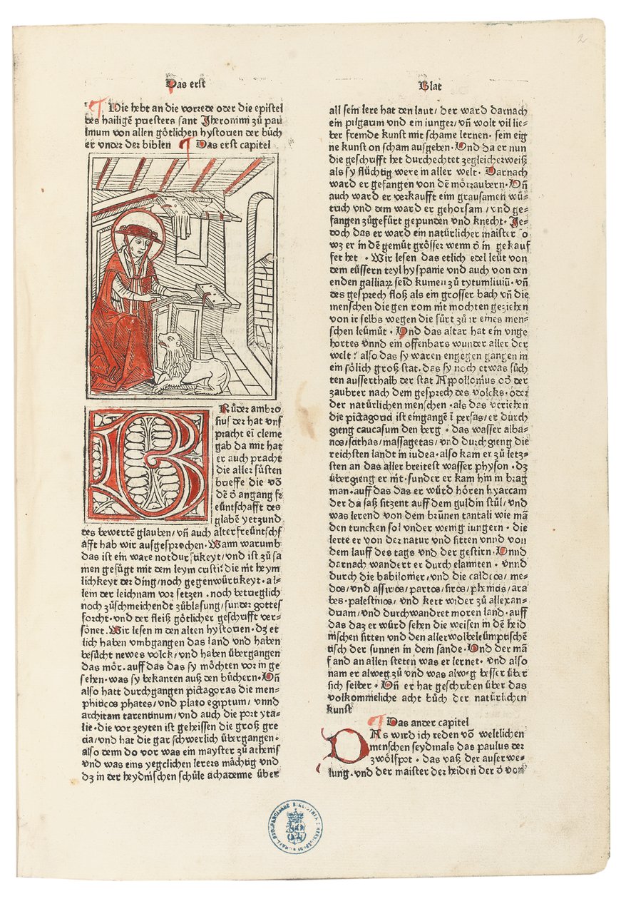 Biblie Germanica, Augsburg: Sorg, 20. kesäkuuta 1477 (puupiirrokset sidottu sianahkaan puulevyjen päälle). tekijältä German School