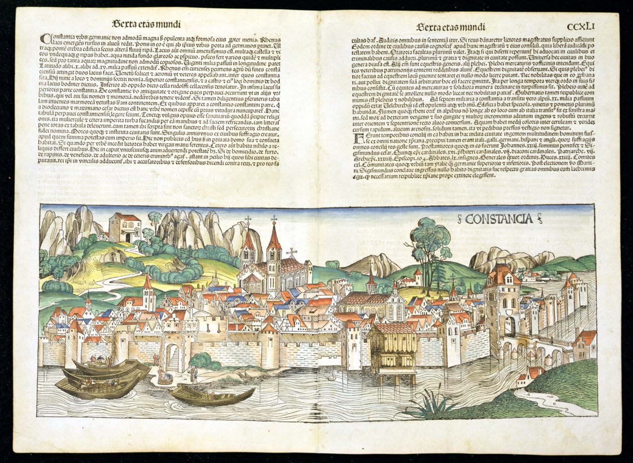 Lintuperspektiivikuva Konstanzsta Nürnbergin kronikasta Hartmann Schedel (1440-1514) 1493 tekijältä German School