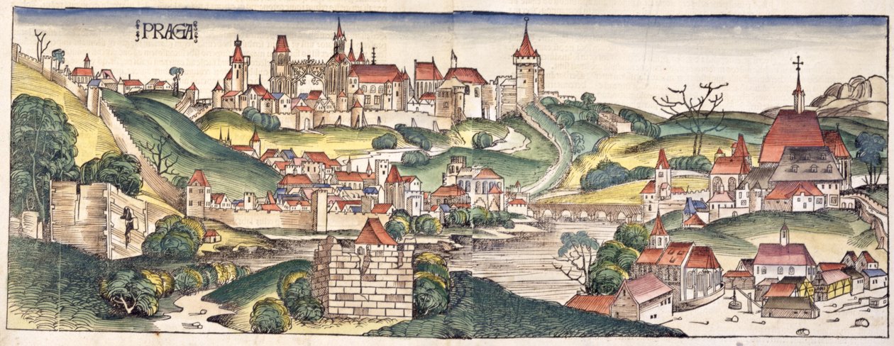 Hartmann Schedel (1440-1514) Nürnbergin kronikasta Prahan lintuperspektiivistä 1493 tekijältä German School