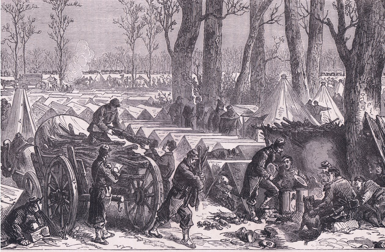 Kenraali Du Croyn joukkojen bivouac Vincennesin metsissä, Cassells History of the War Ranskan ja Saksan välillä, julkaisija Cassell and Company Limited, n. 1890 (litho) tekijältä German School