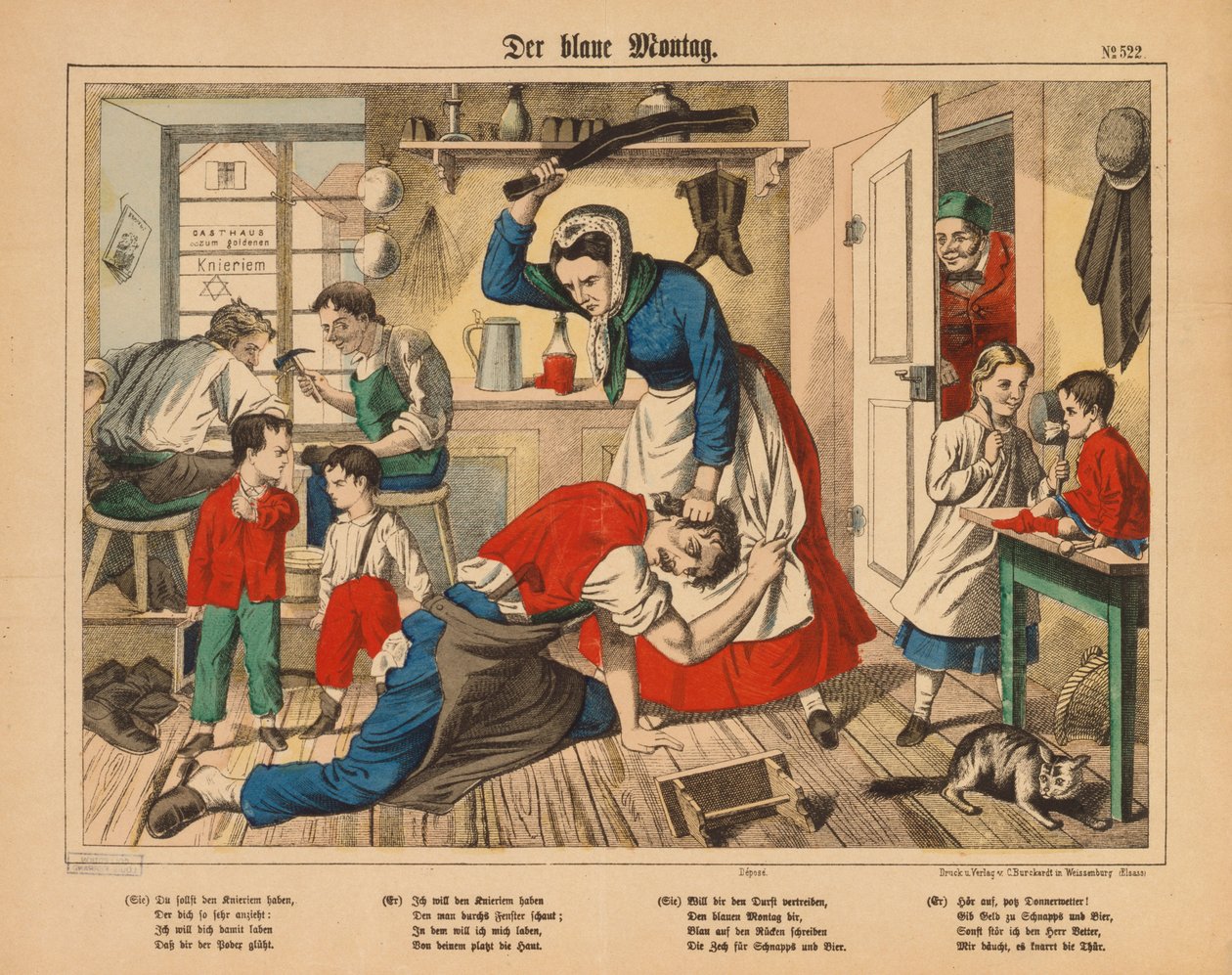 Sininen maanantai – suutarin vaimo hakkaa miestään, julkaisija C. Burckhardt, Weissenburg, n. 1850 tekijältä German School